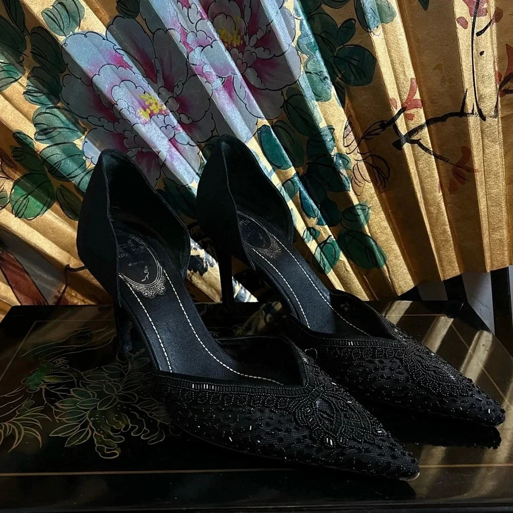 Rene Caovilla Black Stiletto Heels with Sparkly Finish